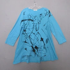 Jess & Jane Top Tunic Large Blue Black Art to Wear Paint Splatter Lagenlook Boho