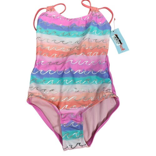 NWT New Cat & Jack Girls Size XS (4/5) Striped Silver Wave 1PC Swimsuit - Picture 1 of 3