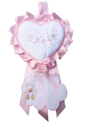 Fiocco Nascita Rosa Con Ricamo Cuore E Orsetto - Artigianale In Tulle, 28x12 Cm - Foto 12