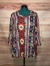 Win Win Women's Tunic Sz S-M Multi Color Flare Bottom 3/4 Bell Sleeves NWT LBB76