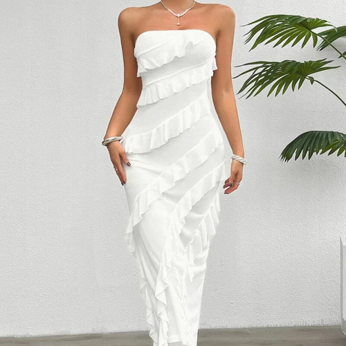 Women Bodycon Party Mesh Ruffle Tube Slit Dress Strapless Tiered Cocktail Dress - Bild 11 von 28