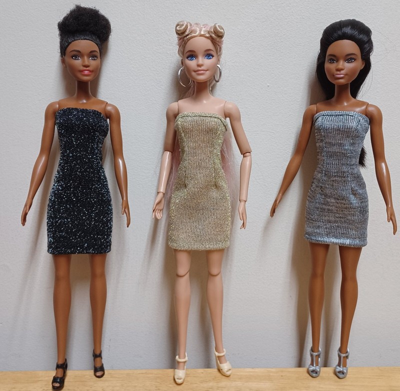 Barbie 11 1/2" Doll Clothing 3 strapless dresses: Black & Gold Glittered, Silver