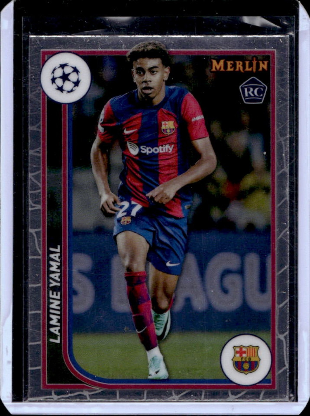 2023-24 Topps Chrome Merlin UEFA Lamine Yamal RC Rookie #27 Barcelona view 1