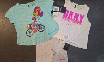 Mädchen 3-teiliges DKNY 2 Tops & Shorts Outfit Set 12-18 Monate 1-2-3-4-5-6-7-8 Jahre
