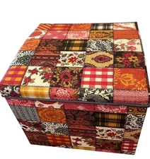 Vintage MCM Large Patchwork Pattern Storage Box Wood, Vinyl Covered Padded Lid