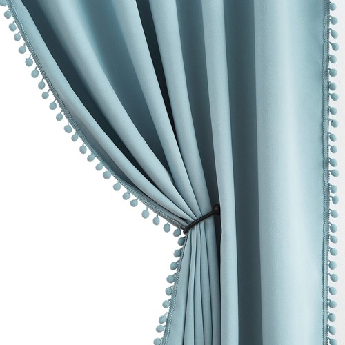 Blue Pompom Curtains for Bedroom Living Room 95 inch Triple Weave Half Blackout