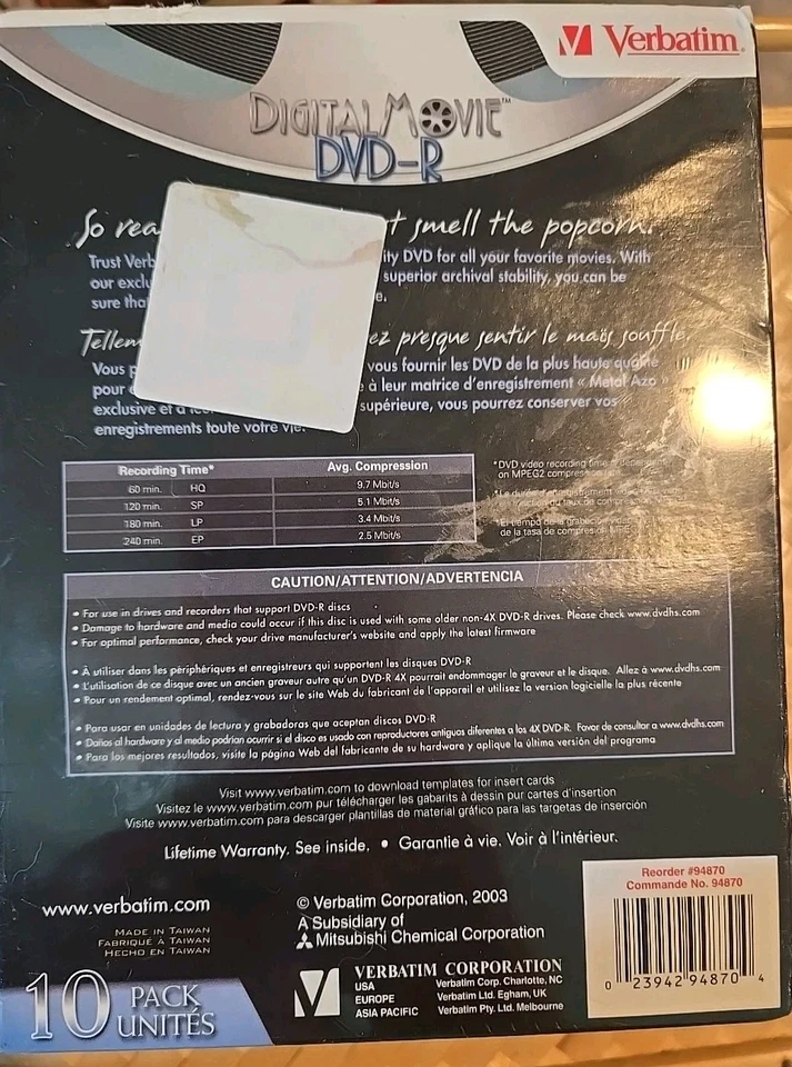 Verbatim Digital Movie DVD-R DVD-Recordable 4.7 GB 120 Minutes 10 Pack New  - Image 3 of 4