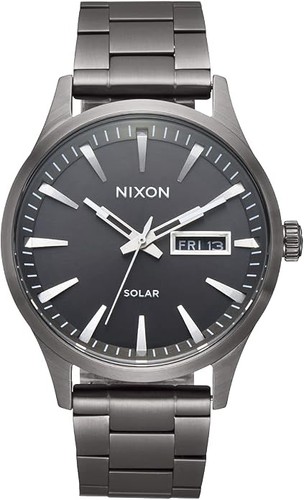 Nixon Sentry Solar Stainless Steel Gunmetal 40mm Watch Day/Date 10 ATM A1346-131