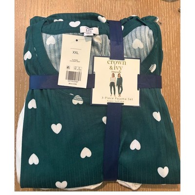 Crown & Ivy 3 Pc Pajama Set XXL NWT Heart Print Super Soft Rib Lounge Sleepwear
