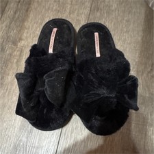 Victoria's Secret Black Faux Fur Bow Slip-On Women's Slippers