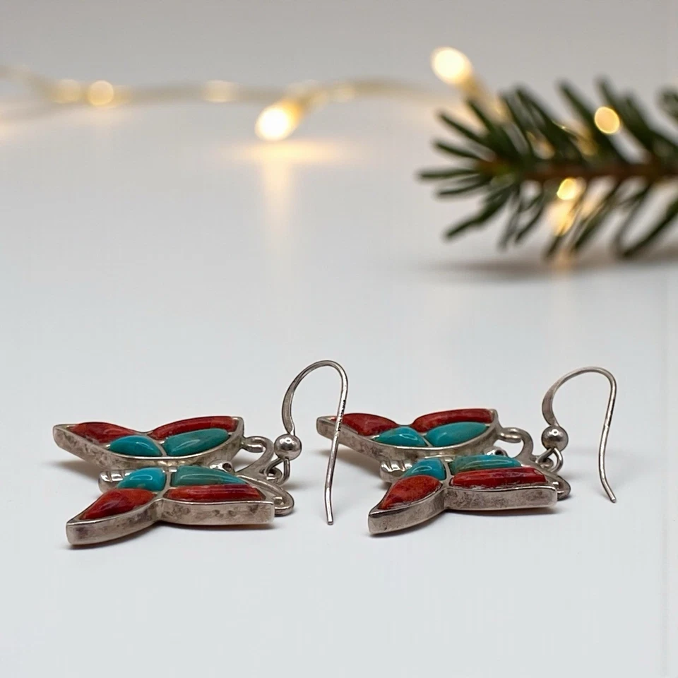 NUEVO Pendientes colgantes Jay King DTR 925 coral rojo esterlina y turquesa mariposa Foto 3 de 4