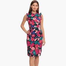 Maggy London Sheath Dress Womens 10 Pink Blue Floral Ruffle Neck G5603M
