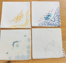 Vgt Lot Of 4 Fancy Embroidered Plus Corner White Cotton Hankies Handkerchiefs
