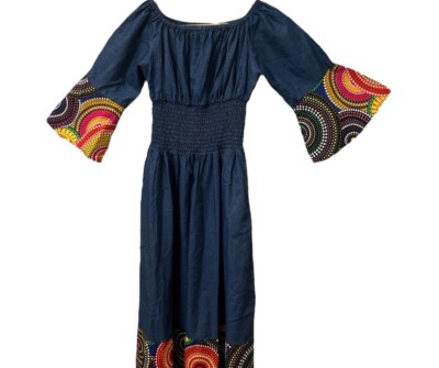 African Ankara Print Denim Smocking Off-Shoulder Dress - One Size | eBay