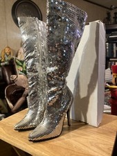 Ellie Women  s Silver Sequin Pointed Toe Mid Calf Boots High Heel Stilettos Sz 5