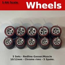 5 Sets-Chrome Redline 5 Spoke with Tires and axles.10mm/12mm for Hot Wheels