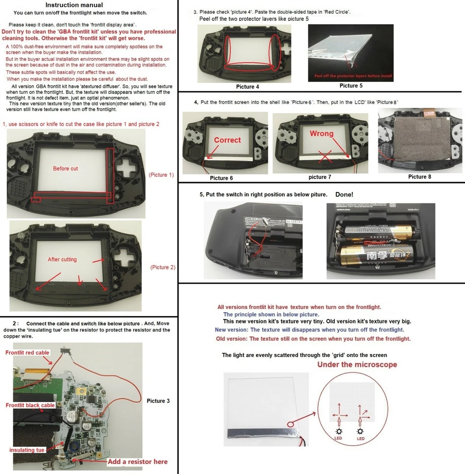 New Version GBA Nintendo Game Boy Advance Frontlit Frontlight Front Light Kit - Image 4 of 4
