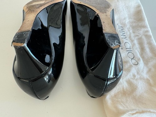 Jimmy Choo Black Patent Leather Bergen Peep Toe Wedges US 9 EUR 39 - Picture 6 of 6