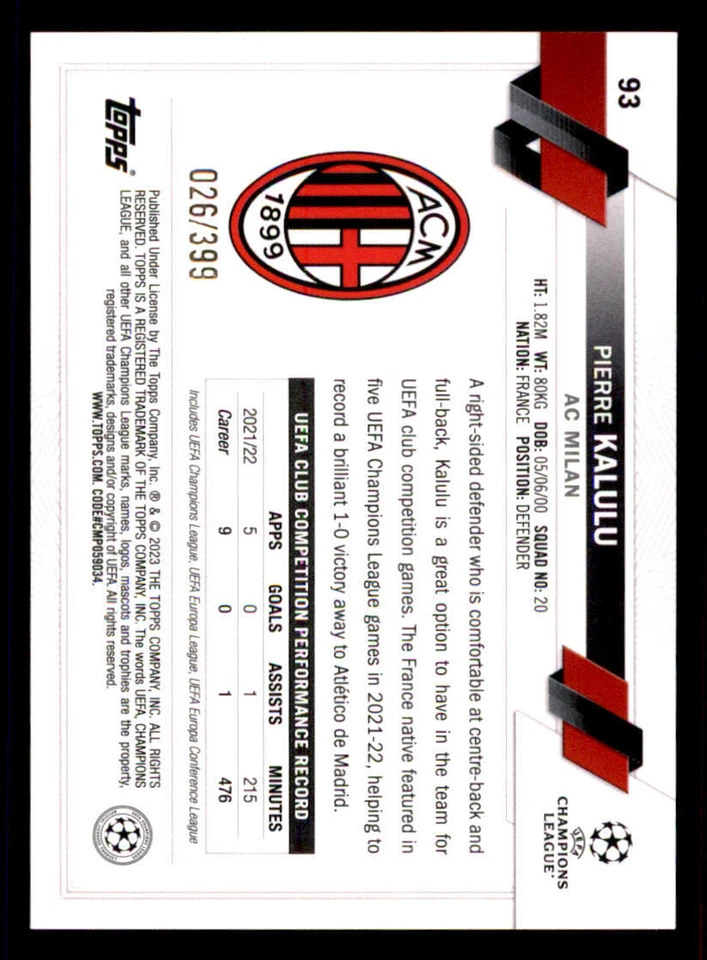 2022-23 Topps UEFA Club Competitions Icy Aqua #93 Pierre Kalulu FS /399 - Image 2 of 2