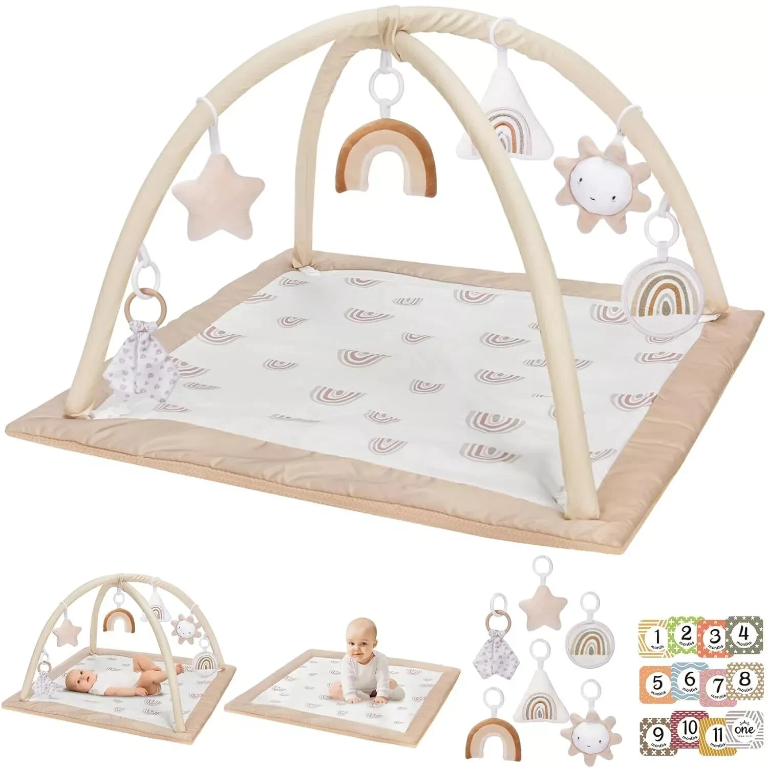 Washable Tummy Time Mat, Baby Play Gym with 6 Featured Toys and 12 A Rainbow