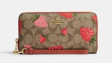 NWT Coach Long Zip Around Wallet In Signature Canvas With Wild Strawberry Print