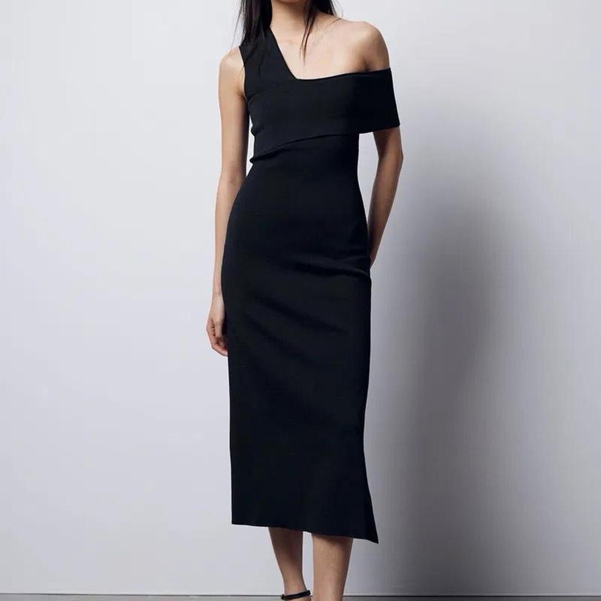 & Other Stories Asymmetric One-Shoulder Black Knit Midi Dress XS | eBay UK