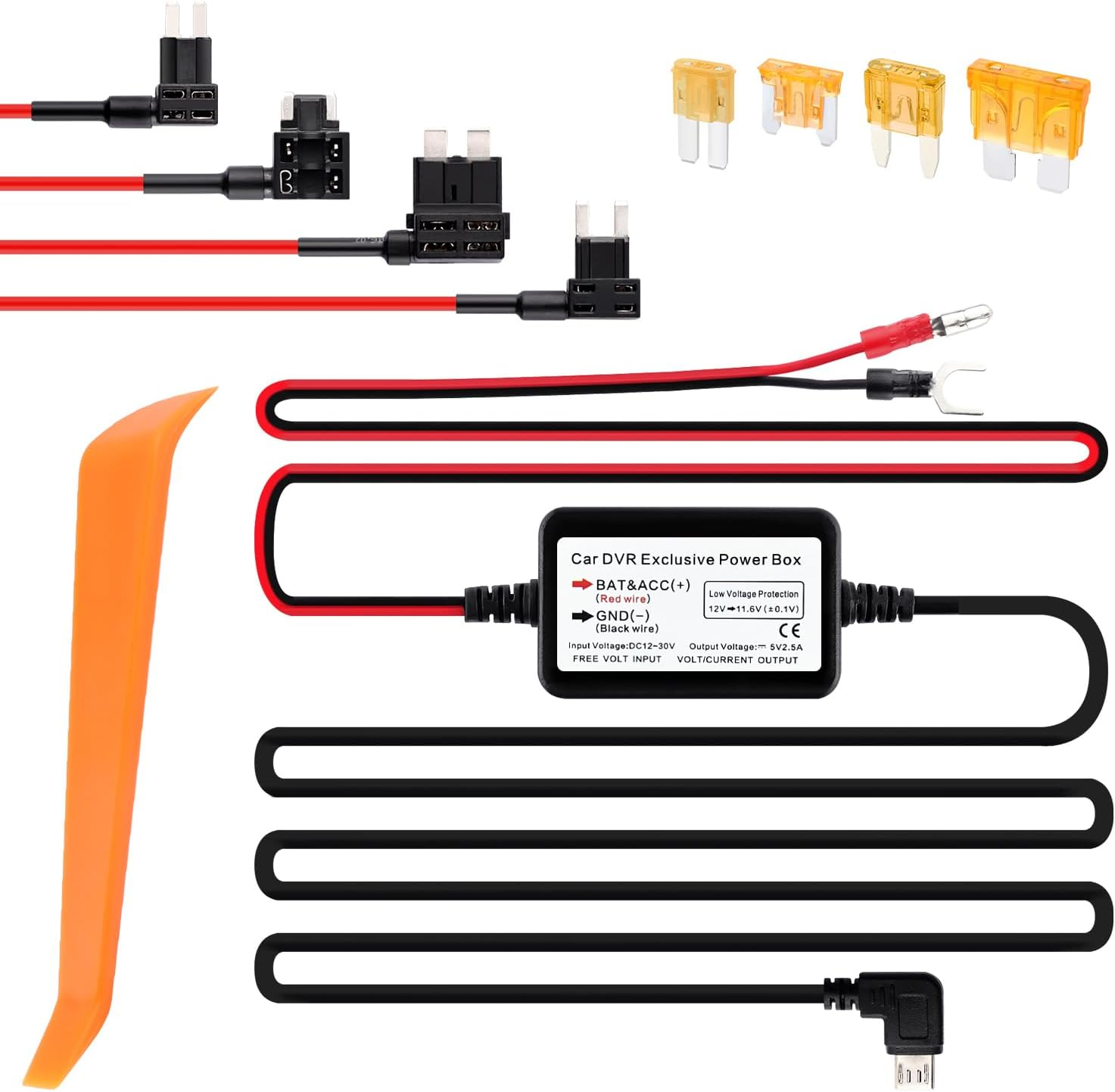 11Ft Micro USB Dash Cam Hardwire Kit - 12V-30V to 5V 2.5A Car Dash Camera Charge