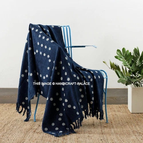 Indigo Blue Mudcloth Throw Sofa Decor Hand Loom Blanket Boho Block Print Throw