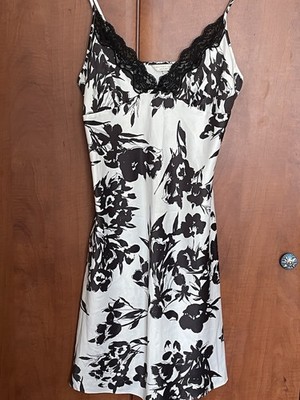 M&S Sleep Nightdress Size 10 Short Satin Black And White Strappy Floral Vgc