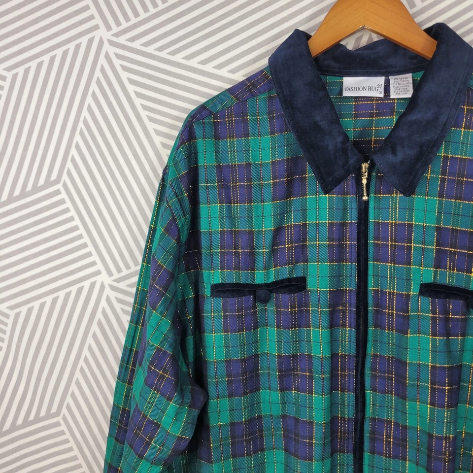Chaqueta Top Shacket Plus Vintage 26/28W Verde Azul Tartán Cuadros Cremallera 26/28 4X Foto 4 de 4