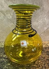 Vintage Blenko Glass Vase Yellow, Cobalt Blue Spiral Wrap, Green Rim Hand Blown