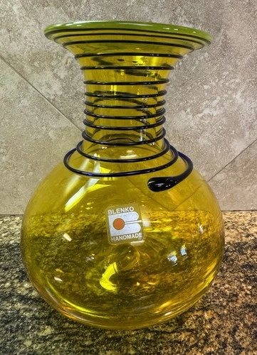 Vintage Blenko Glass Vase Yellow, Cobalt Blue Spiral Wrap, Green Rim Hand Blown