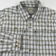 L.L. Bean Shirt Men’s L Plaid Brown White Button Up Cargo Pocket Outdoors Hiking