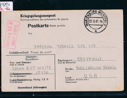 K4190) Kriegsgefangenenpost, Do-Karte Stalag XX B Marienburg - USA, RR!!