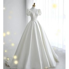 Satin Wedding Dresses V-neck Short Puff Sleeve A-line Bridal Gowns Sweep Train