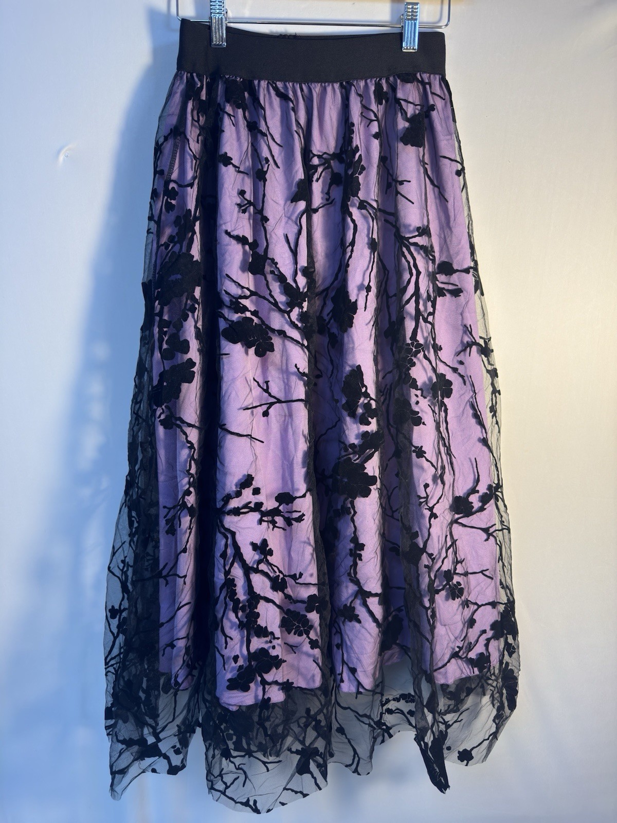 Sheer Floral Mesh Midi Skirt Lavender Black Fairycore Goth Overlay Small Y2K