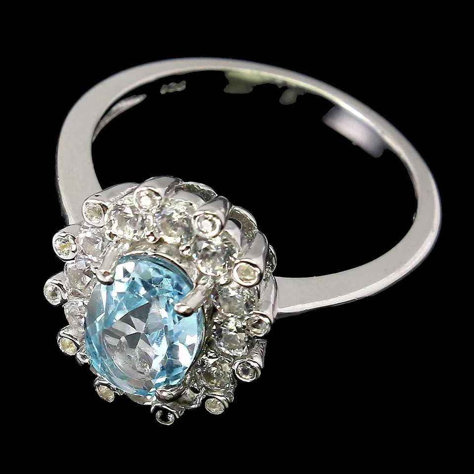 Anello in argento sterling 925 topazio blu ovale 8x6 mm pietra preziosa... - Immagine 3 di 4