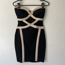 Y2K Mini Dress Medium Black Beige Mesh Cutout Stretch Bodycon Empire Waist