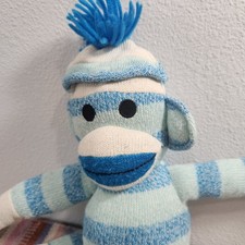 Rare Striped Woven Cloth Monkey Turquoise  White Sock Monkey Style Toy 20"