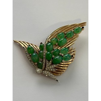 Vintage Trifari Jewels Of India Batterfly Brooch Faux Jade Cabochons READ