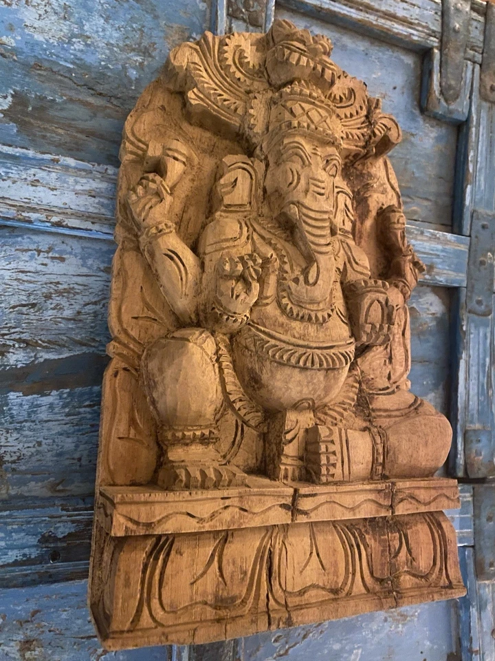 VINTAGE INDIAN HINDU DEITY GOD GANESH GANESHA CARVED WOODEN WALL PLAQUE PANEL - Image 2 of 4