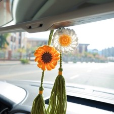2Pcs Crochet Sunflower Daisy Car Charm: Boho Rear View Mirror Accessory Gift