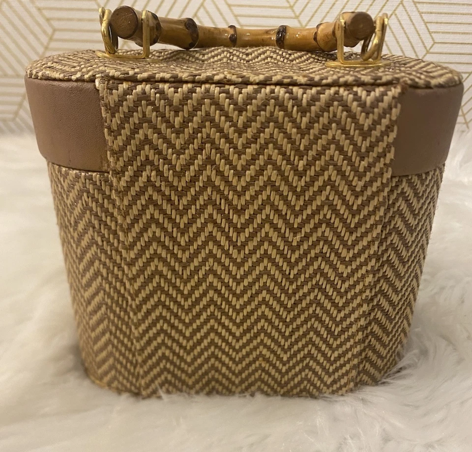 Vintage 1960’s Woven Raffia Straw Mini Purse Travel Case Bamboo Top Handle Read  - Image 2 of 4