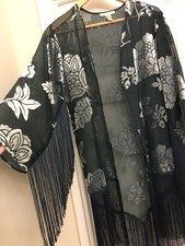 Forever 21 Silver Floral Velvet Print Green Fringe Kimono Jacket S Size 12 Bn