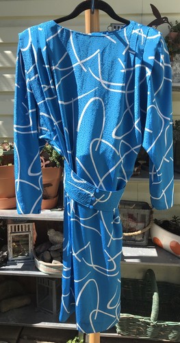 Vtg 80s Liz Claiborne Women's Small Blue Shoulder Pads Geometric Belted Dress - Picture 14 of 22