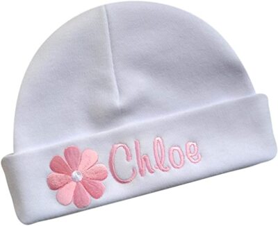 Personalized Embroidered Baby Girl Hat with Daisy Applique and Custom Name
