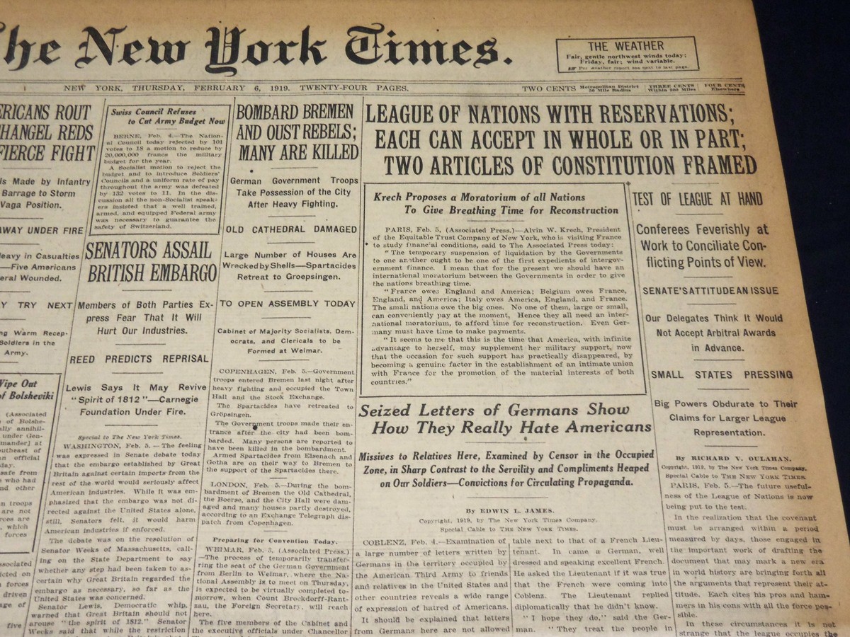 1919 FEBRUARY NEW YORK TIMES LEAGUE OF NATIONS WITH RESERVATIONS NT  7961