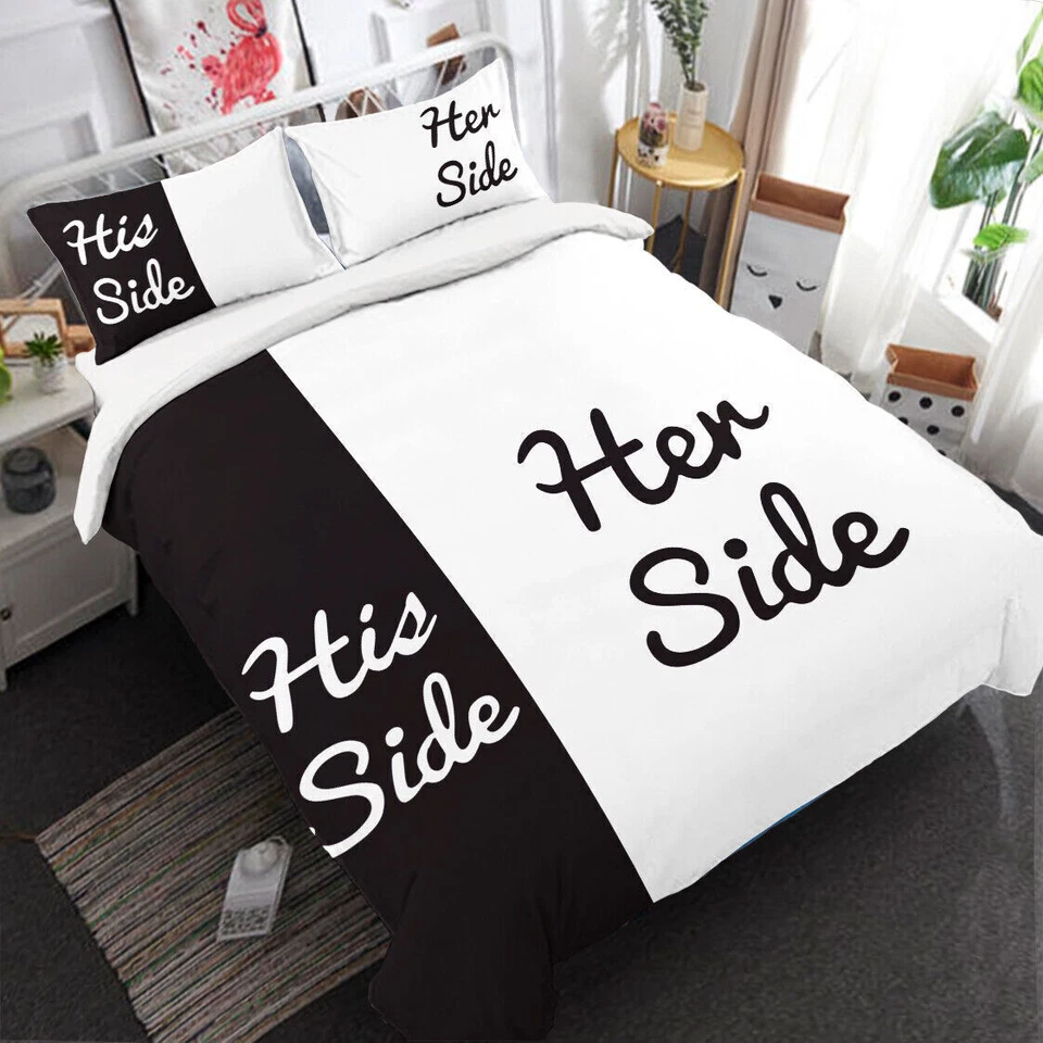 His Her Side Duvet Cover Set Pillowcase Queen/King Size Bedding Lover Couple 3D - Image 2 of 4