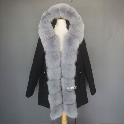 Women Winter Detachable Real Fox Fur Collar Down Jacket Mid Long Coat Warm Parka