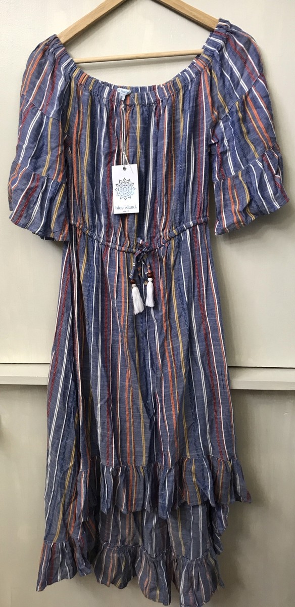 blue island beach dress Women’s Blue Striped Bohemian High Low Tassel Size S NWT neck and seamless short x-styleCode:23AW5112 Lila Asymmetrical Mini Dress Select::Grey